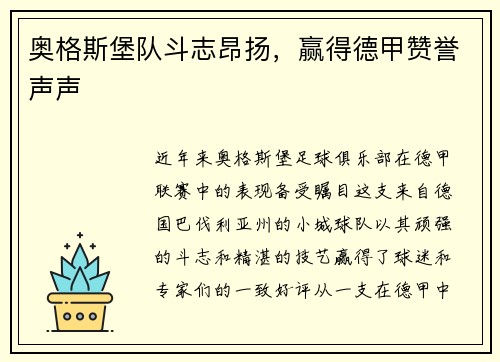 奥格斯堡队斗志昂扬，赢得德甲赞誉声声